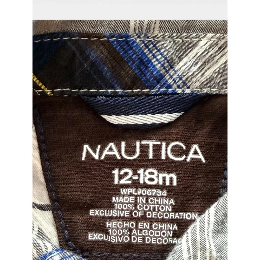 Nautica Boys Blue Grey Plaid Long Sleeve Button‎ Down Shirt 12-18 Months